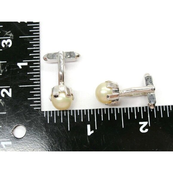 Imitation Pearl Silver Tone Cufflinks Tux Shirt Dress Suit Vintage - Picture 3 of 7